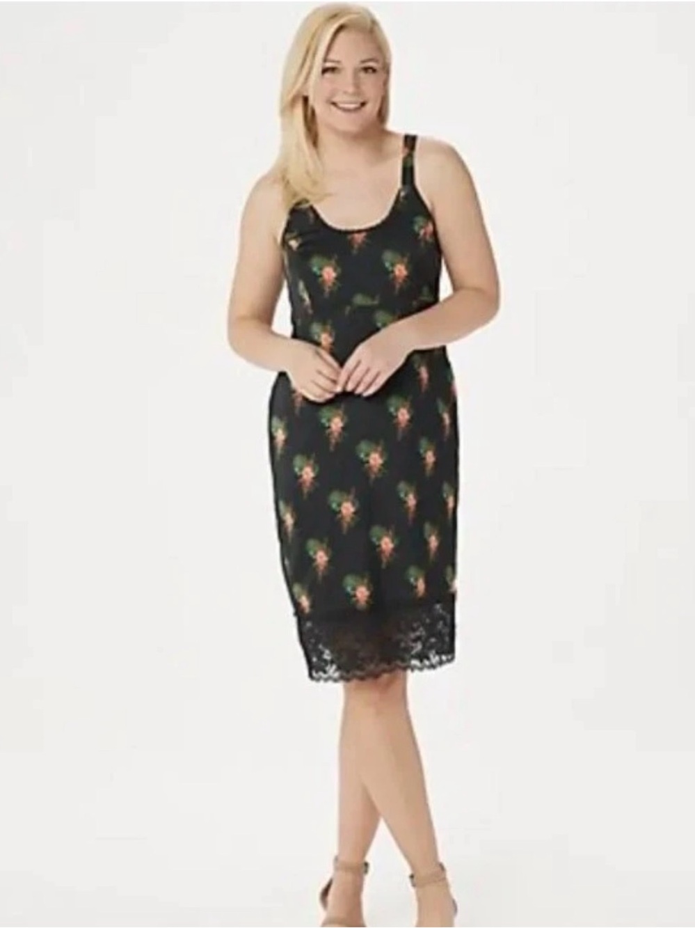 Laurie Felt Sleeveless Slip Dress with Lace Hem Black Print